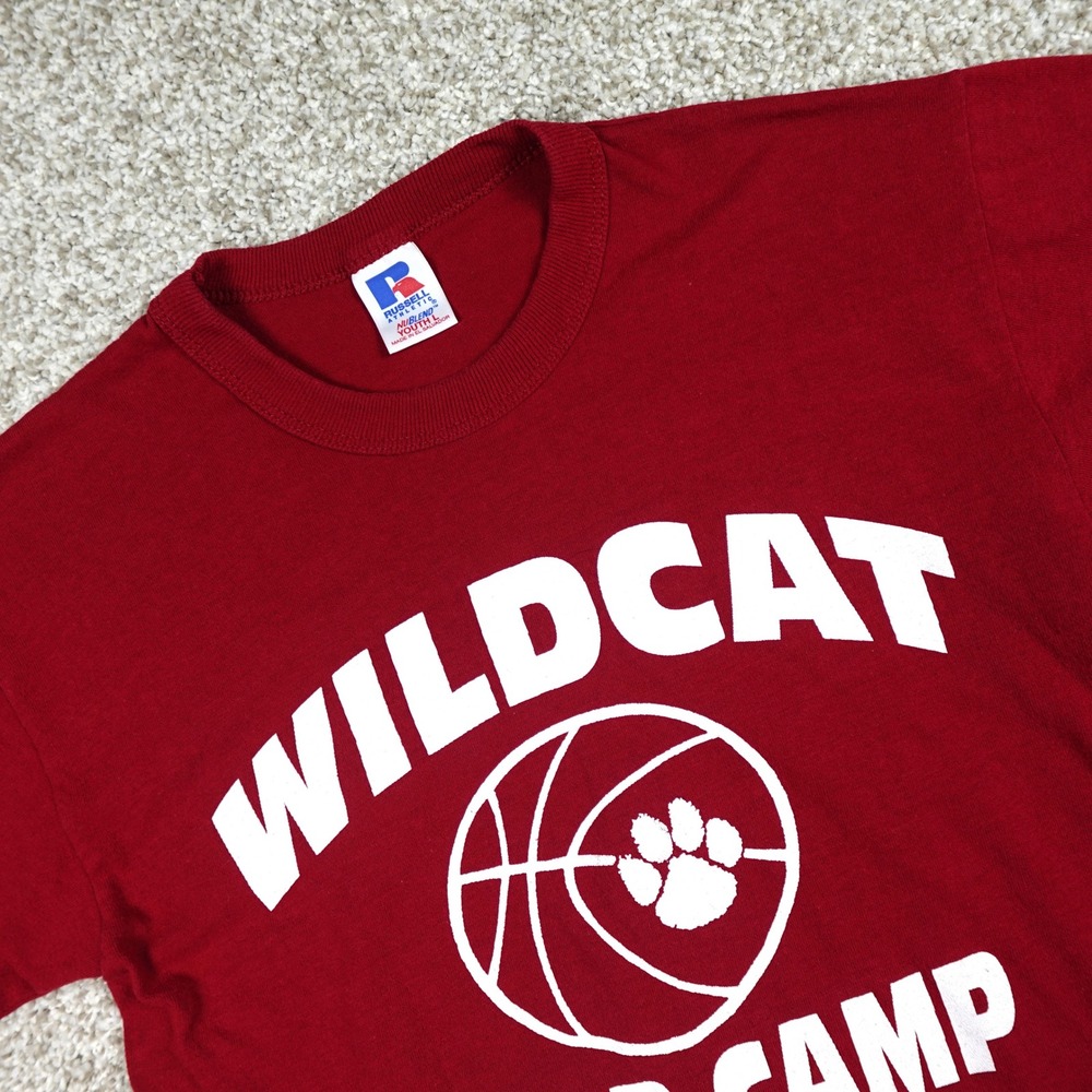Russell Athletic Youth L Wildcat Hoop Camp Basketball T-Shirt Maroon Red NuBlend